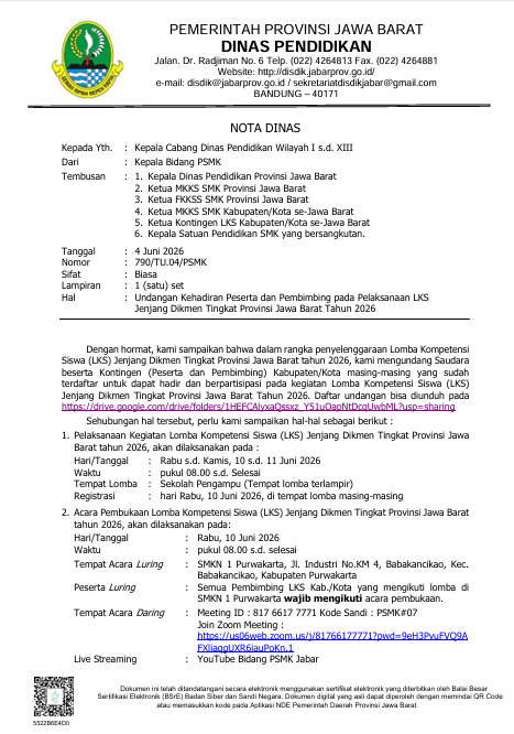 Pelaksanaan Lomba Kompetensi Siswa (LKS) Bidang Web Technology Tingkat Provinsi Jawa Barat Tahun 2026 di SMKN 2 Purwakarta